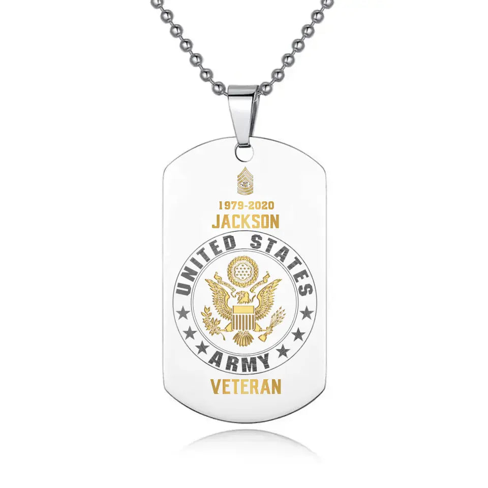 Personalized US Army Veteran Rank Camo Custom Name & Time Dog Tag Necklace Printed LVA24673