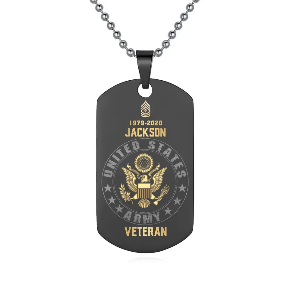 Personalized US Army Veteran Rank Camo Custom Name & Time Dog Tag Necklace Printed LVA24673