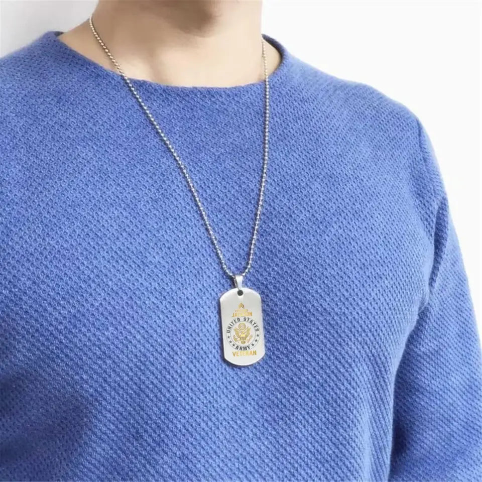 Personalized US Army Veteran Rank Camo Custom Name & Time Dog Tag Necklace Printed LVA24673