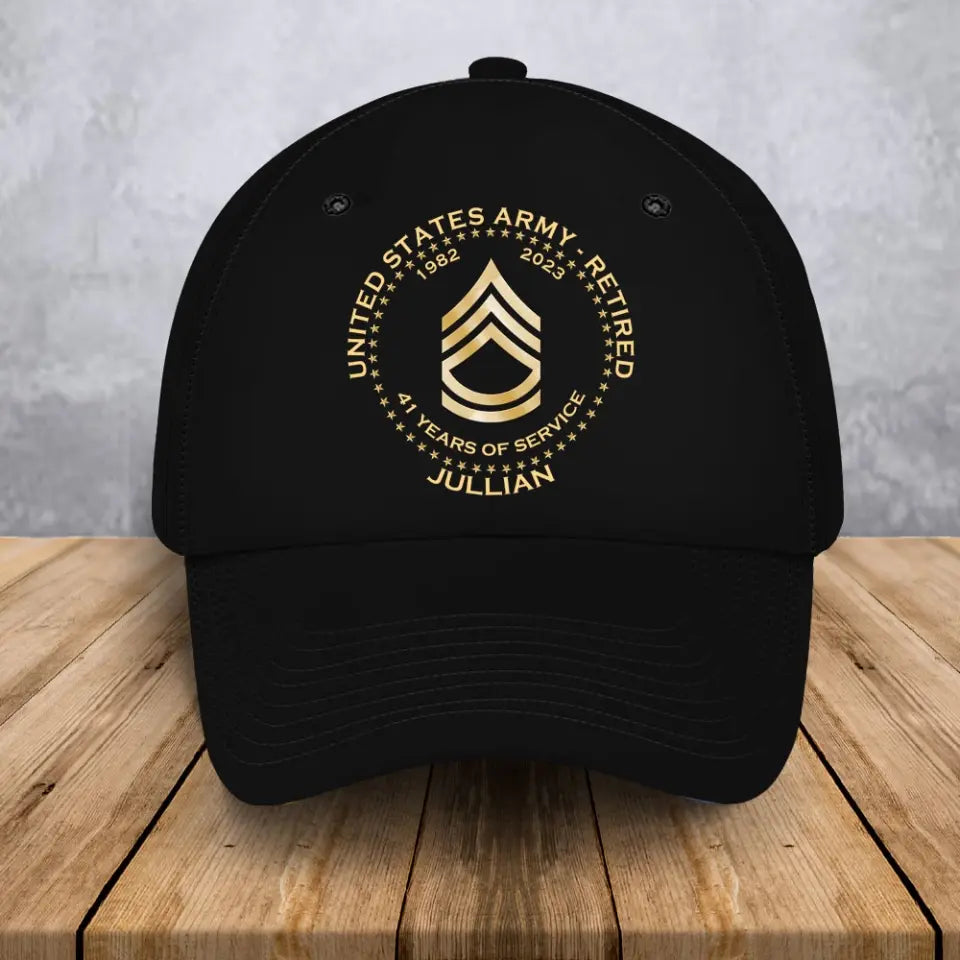 Personalized US Army Retired Custom Rank Served Time & Name Black Cap Printed AHVA24763