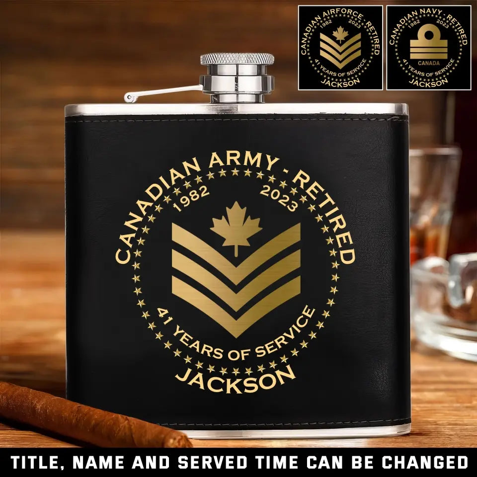 Personalized Canadian Army Veteran Retired Custom Rank Served Time & Name Leather Flask Printed AHKH24765