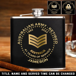 Personalized Australian Army Veteran Retired Custom Rank Served Time & Name Leather Flask Printed AHKH24765
