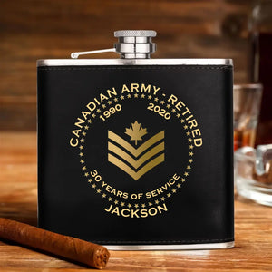 Personalized Canadian Army Veteran Retired Custom Rank Served Time & Name Leather Flask Printed AHKH24765