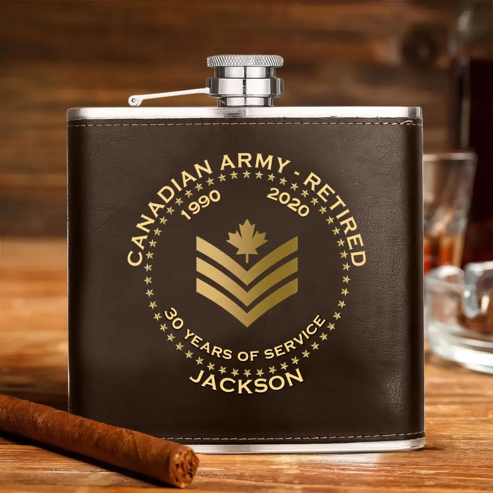 Personalized Canadian Army Veteran Retired Custom Rank Served Time & Name Leather Flask Printed AHKH24765