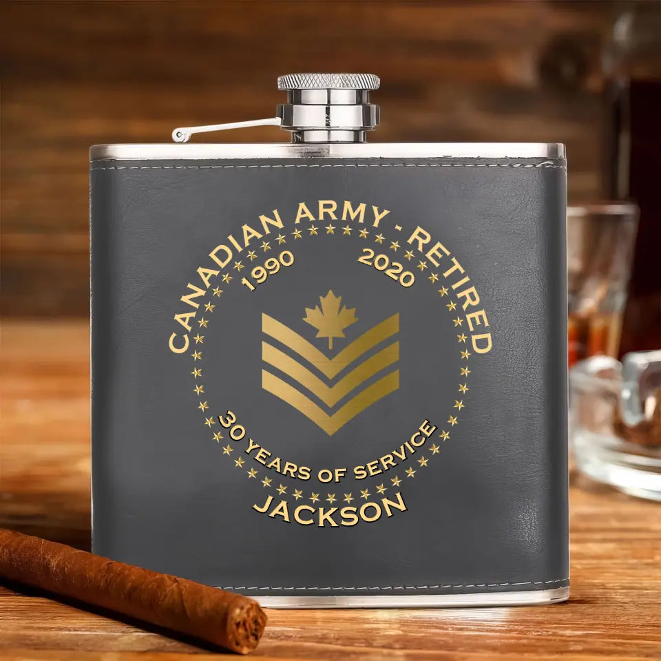 Personalized Canadian Army Veteran Retired Custom Rank Served Time & Name Leather Flask Printed AHKH24765