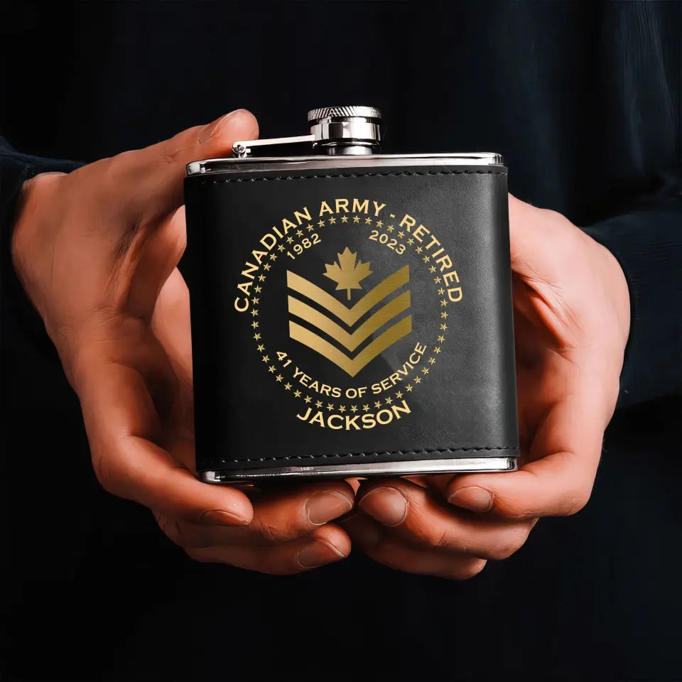 Personalized Canadian Army Veteran Retired Custom Rank Served Time & Name Leather Flask Printed AHKH24765