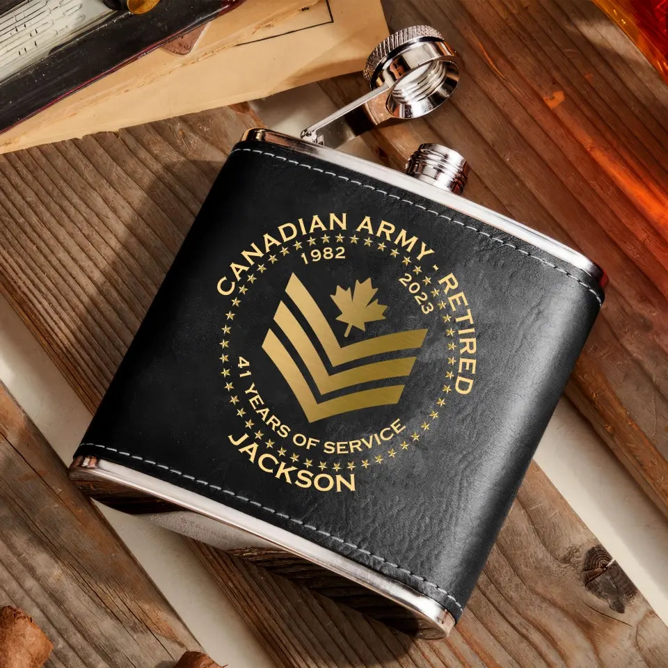 Personalized Canadian Army Veteran Retired Custom Rank Served Time & Name Leather Flask Printed AHKH24765