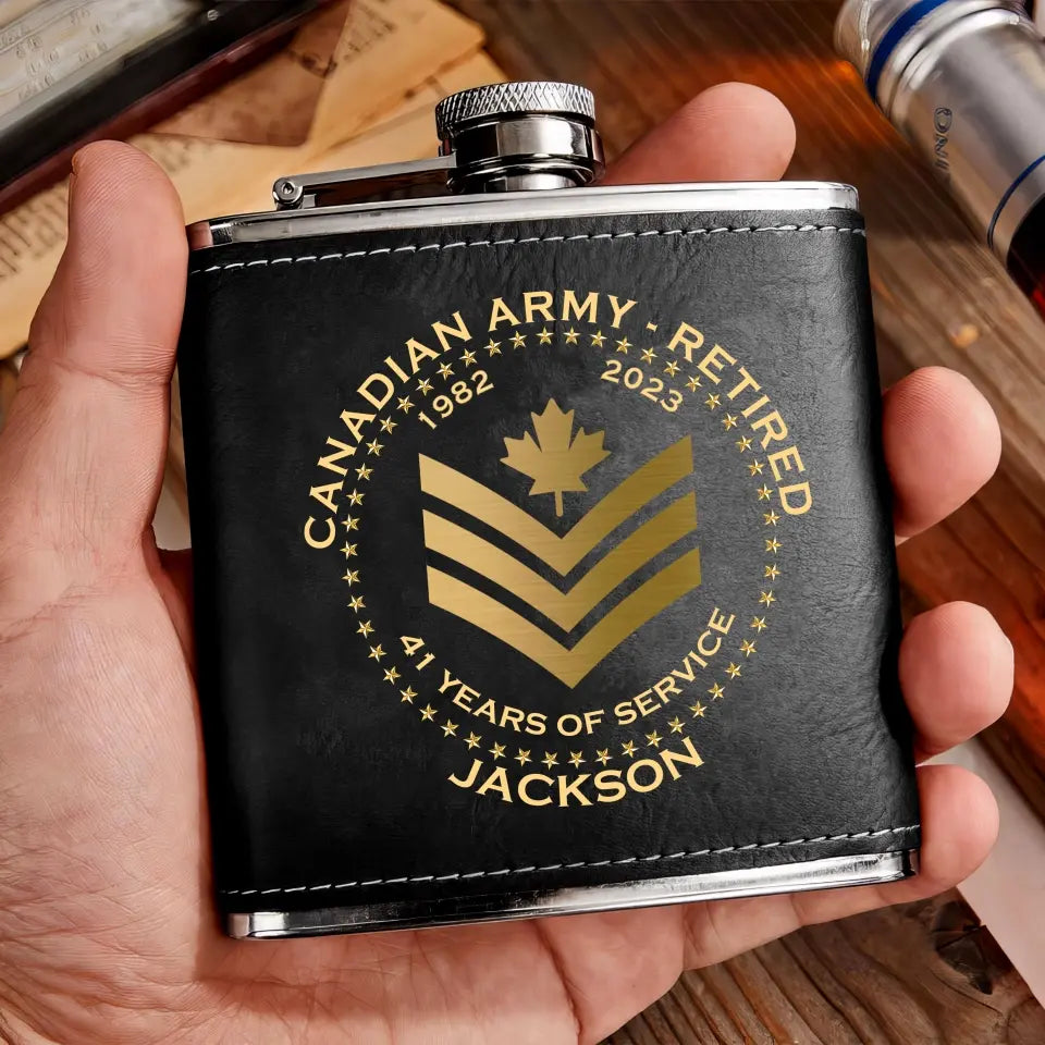 Personalized Canadian Army Veteran Retired Custom Rank Served Time & Name Leather Flask Printed AHKH24765