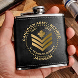 Personalized Canadian Army Veteran Retired Custom Rank Served Time & Name Leather Flask Printed AHKH24765