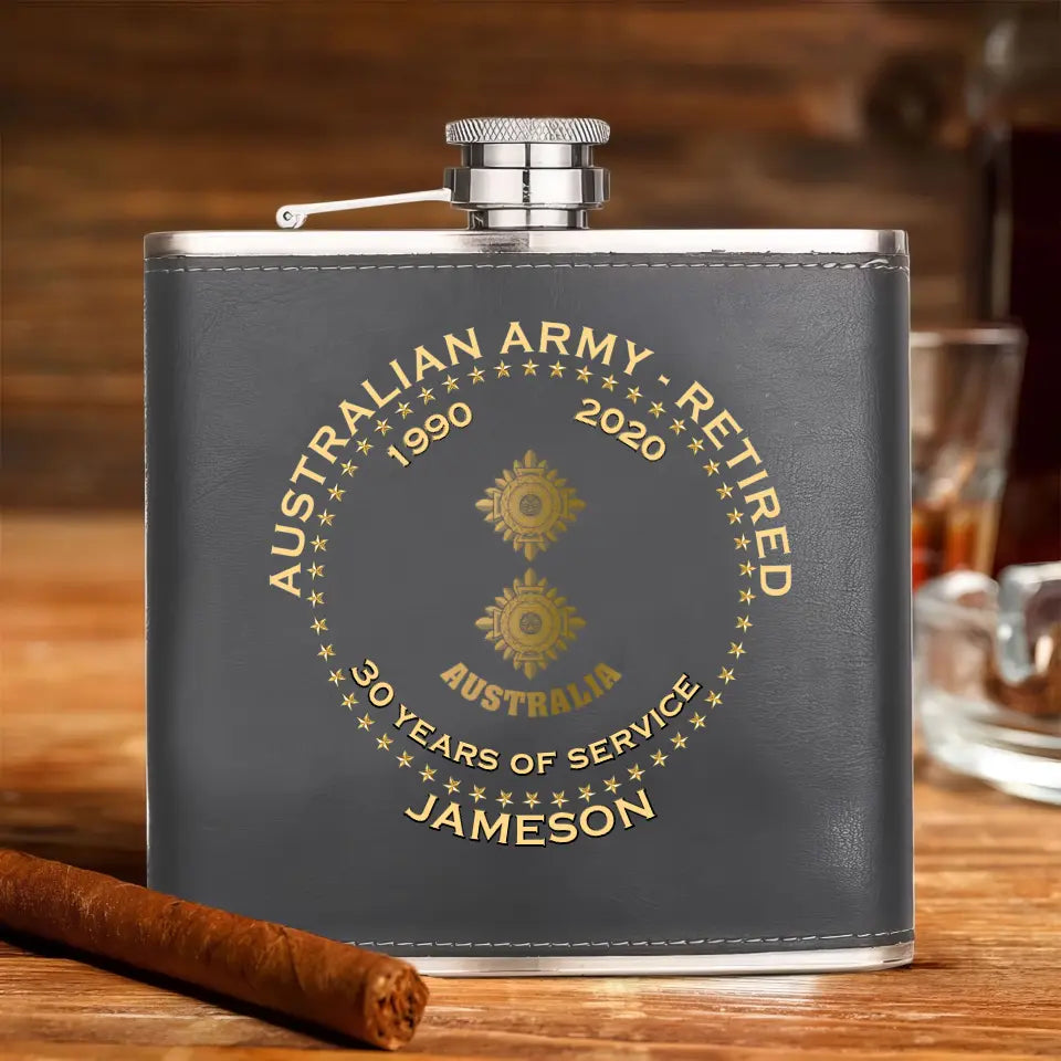 Personalized Australian Army Veteran Retired Custom Rank Served Time & Name Leather Flask Printed AHKH24765