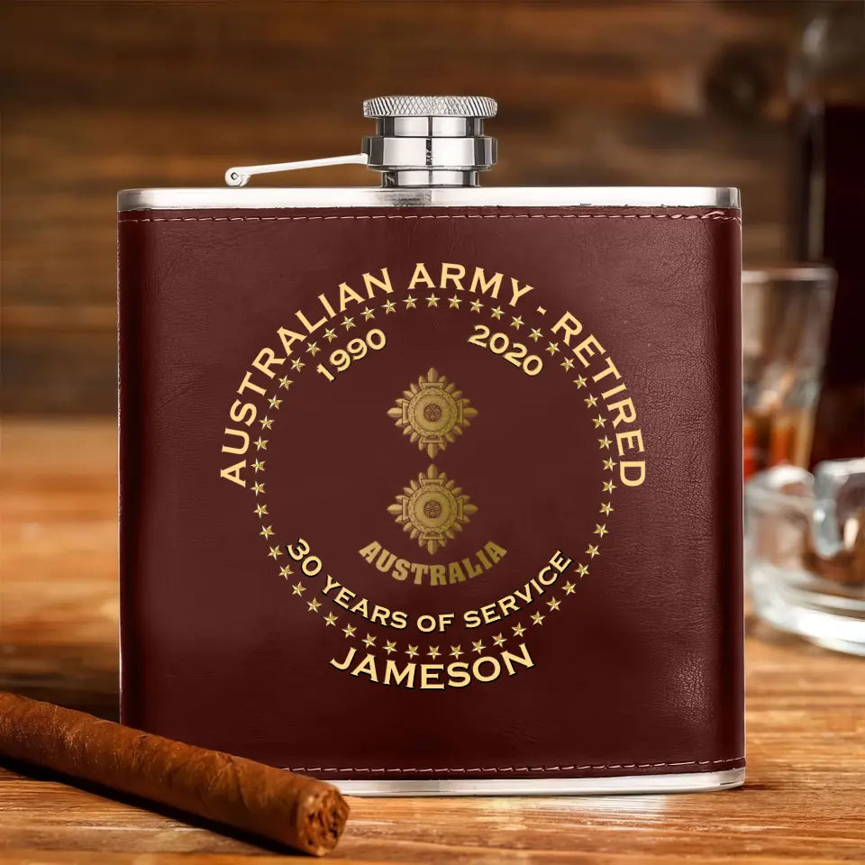 Personalized Australian Army Veteran Retired Custom Rank Served Time & Name Leather Flask Printed AHKH24765