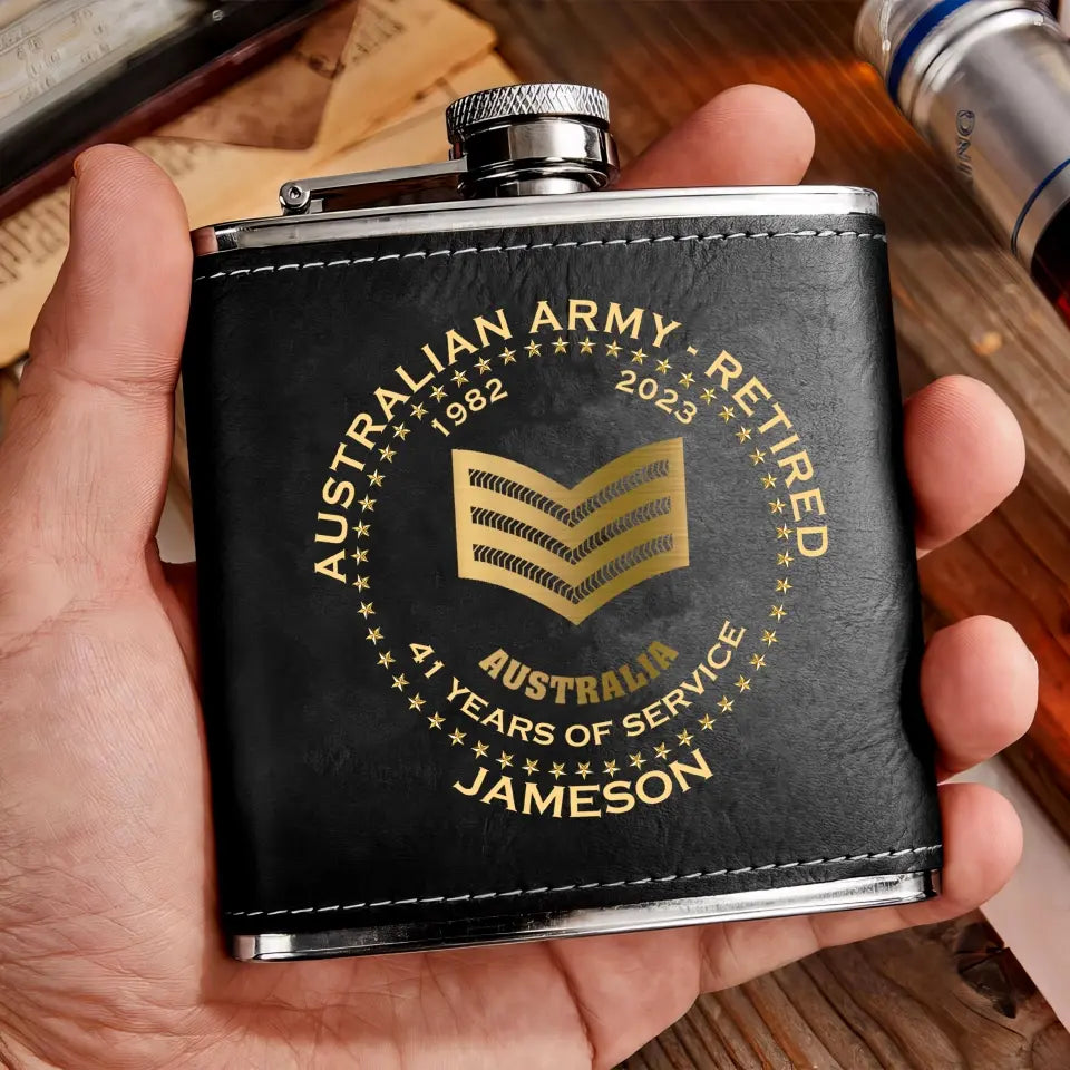 Personalized Australian Army Veteran Retired Custom Rank Served Time & Name Leather Flask Printed AHKH24765