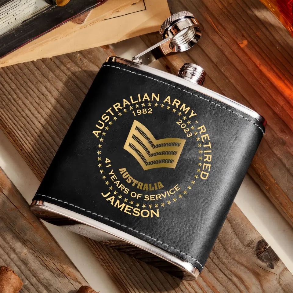Personalized Australian Army Veteran Retired Custom Rank Served Time & Name Leather Flask Printed AHKH24765