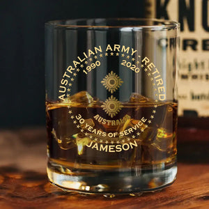 Personalized Australian Army Veteran Retired Rank Camo Custom Name & Time Whiskey Glass Printed AHVQ24770