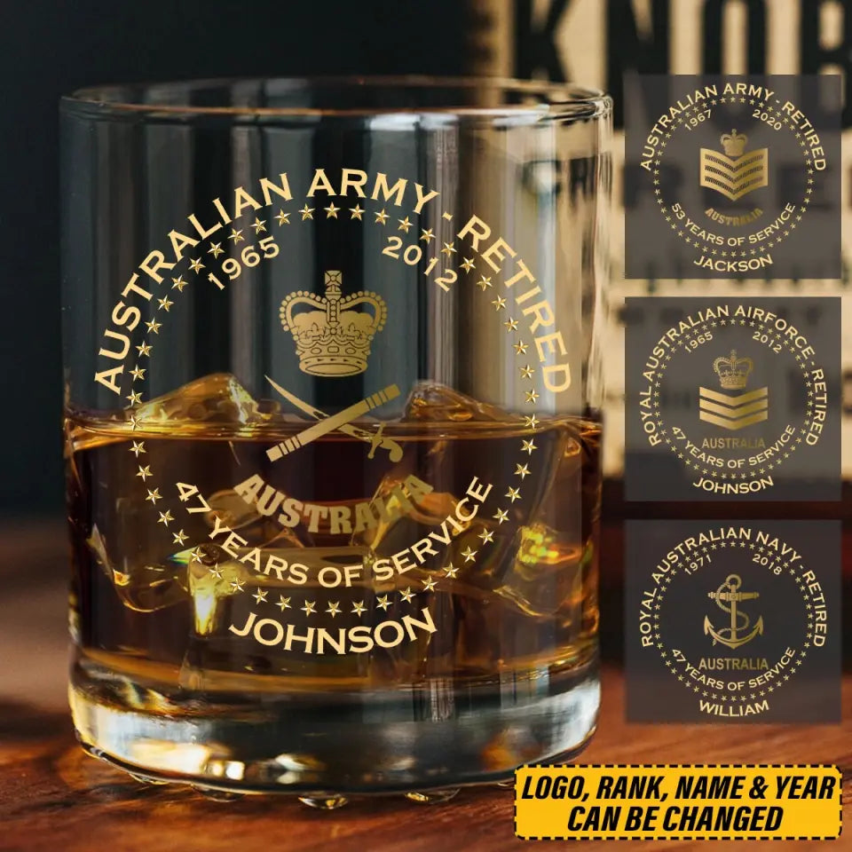 Personalized Australian Army Veteran Retired Rank Camo Custom Name & Time Whiskey Glass Printed AHVQ24770