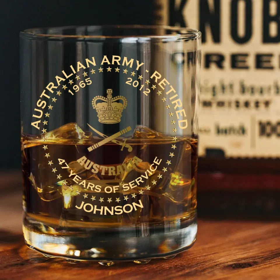 Personalized Australian Army Veteran Retired Rank Camo Custom Name & Time Whiskey Glass Printed AHVQ24770