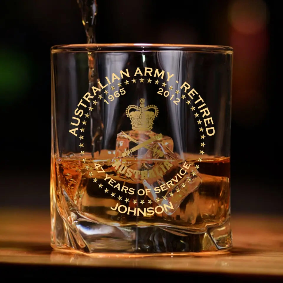 Personalized Australian Army Veteran Retired Rank Camo Custom Name & Time Whiskey Glass Printed AHVQ24770
