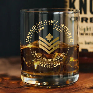 Personalized Canadian Army Veteran Retired Rank Camo Custom Name & Time Whiskey Glass Printed AHVQ24770