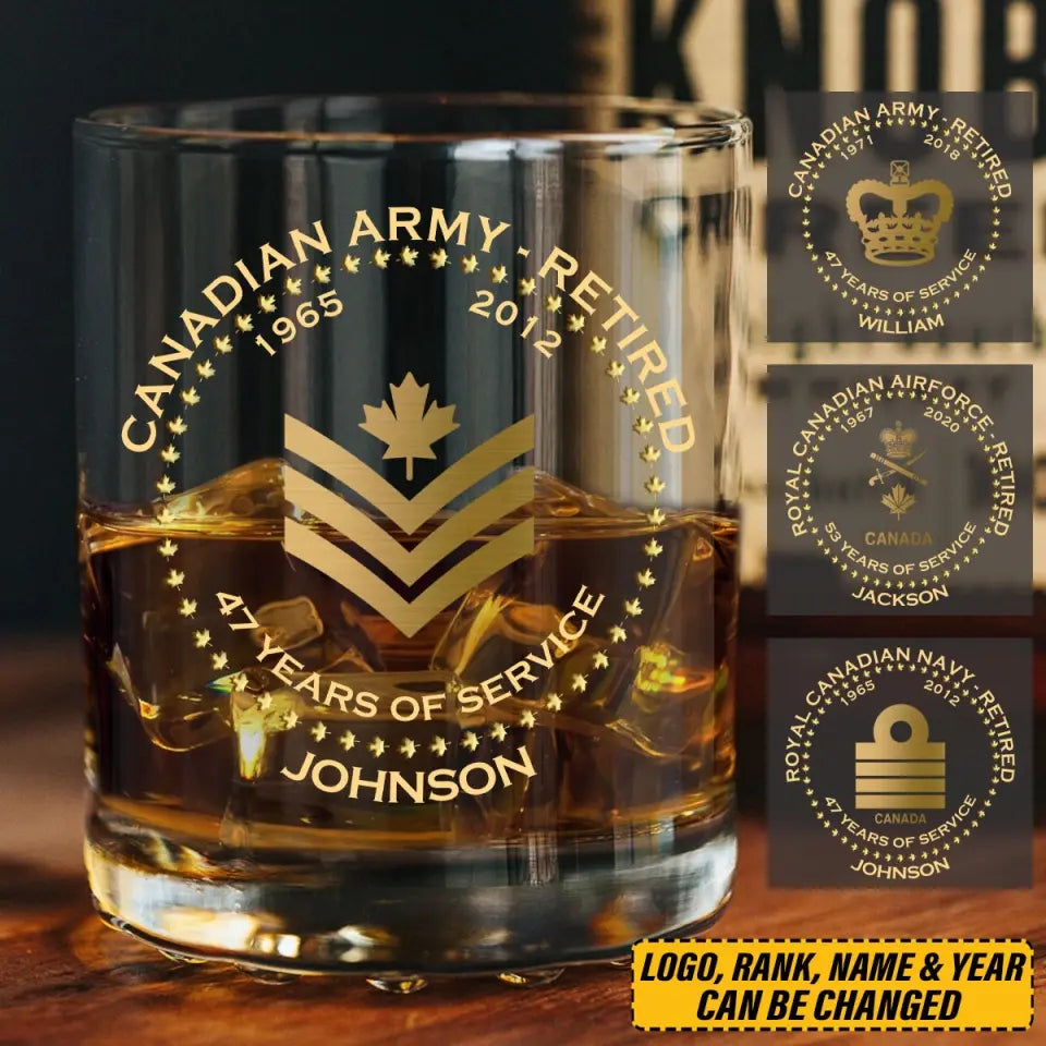 Personalized Canadian Army Veteran Retired Rank Camo Custom Name & Time Whiskey Glass Printed AHVQ24770