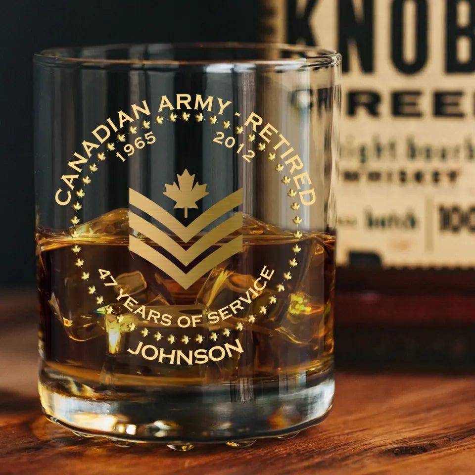 Personalized Canadian Army Veteran Retired Rank Camo Custom Name & Time Whiskey Glass Printed AHVQ24770