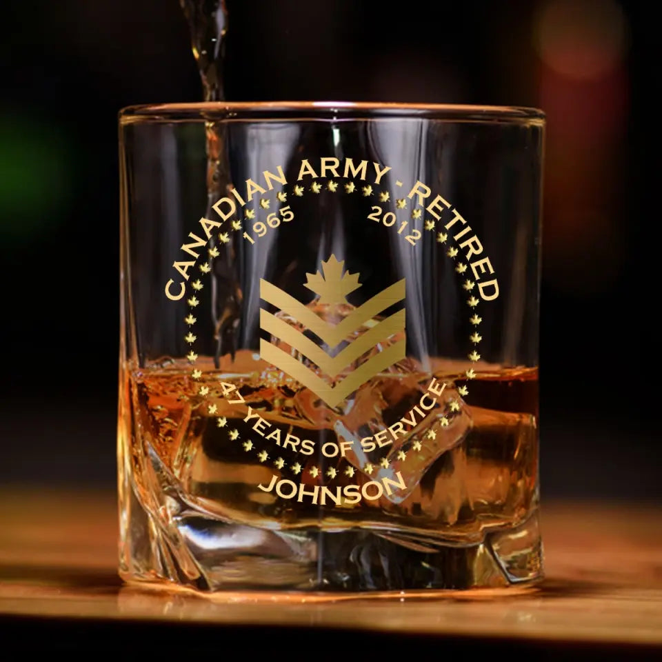 Personalized Canadian Army Veteran Retired Rank Camo Custom Name & Time Whiskey Glass Printed AHVQ24770