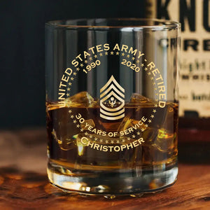 Personalized US Army Veteran Retired Rank Camo Custom Name & Time Whiskey Glass Printed AHVQ24770