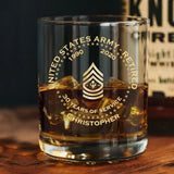 Personalized US Army Veteran Retired Rank Camo Custom Name & Time Whiskey Glass Printed AHVQ24770