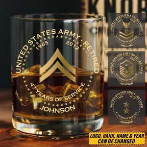 Personalized US Army Veteran Retired Rank Camo Custom Name & Time Whiskey Glass Printed AHVQ24770