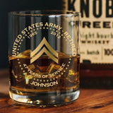 Personalized US Army Veteran Retired Rank Camo Custom Name & Time Whiskey Glass Printed AHVQ24770