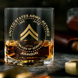 Personalized US Army Veteran Retired Rank Camo Custom Name & Time Whiskey Glass Printed AHVQ24770