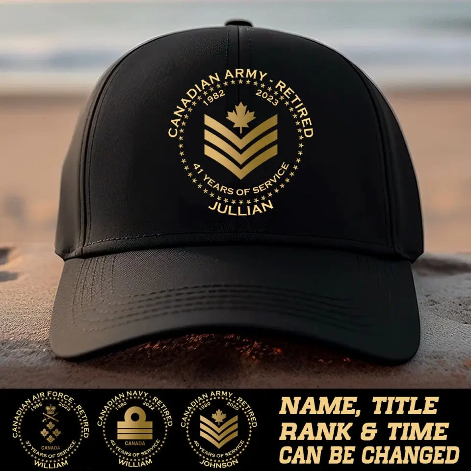 Personalized Canadian Army Retired Custom Rank Served Time & Name Black Cap Printed AHVA24763