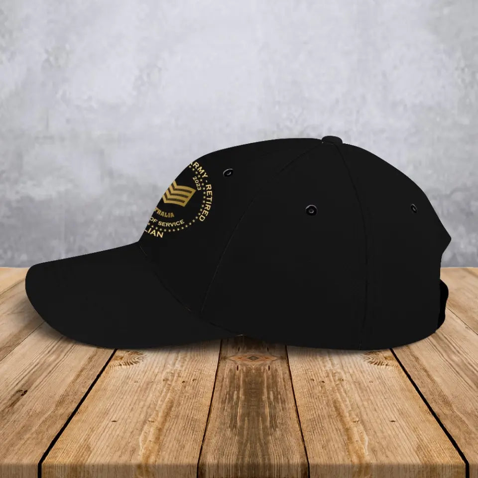 Personalized Australian Army Retired Custom Rank Served Time & Name Black Cap Printed AHVA24763