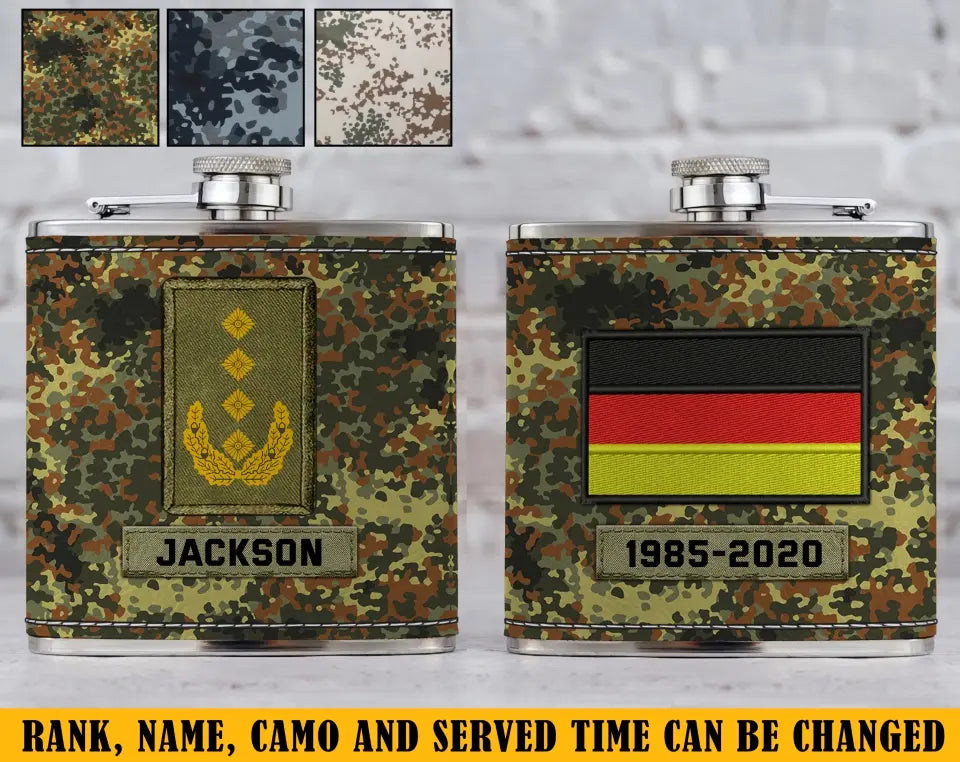 Personalized German Veteran Rank Camo Custom Name Leather Flask Printed KH24816