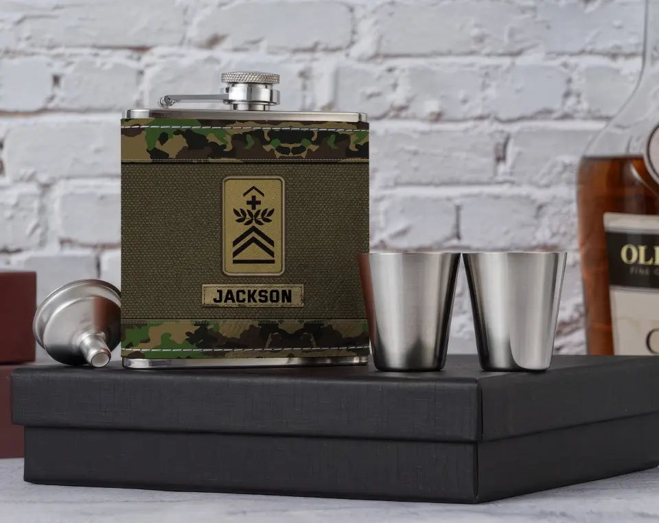 Personalized Swiss Veteran Rank Camo Custom Name Leather Flask Printed KH24816