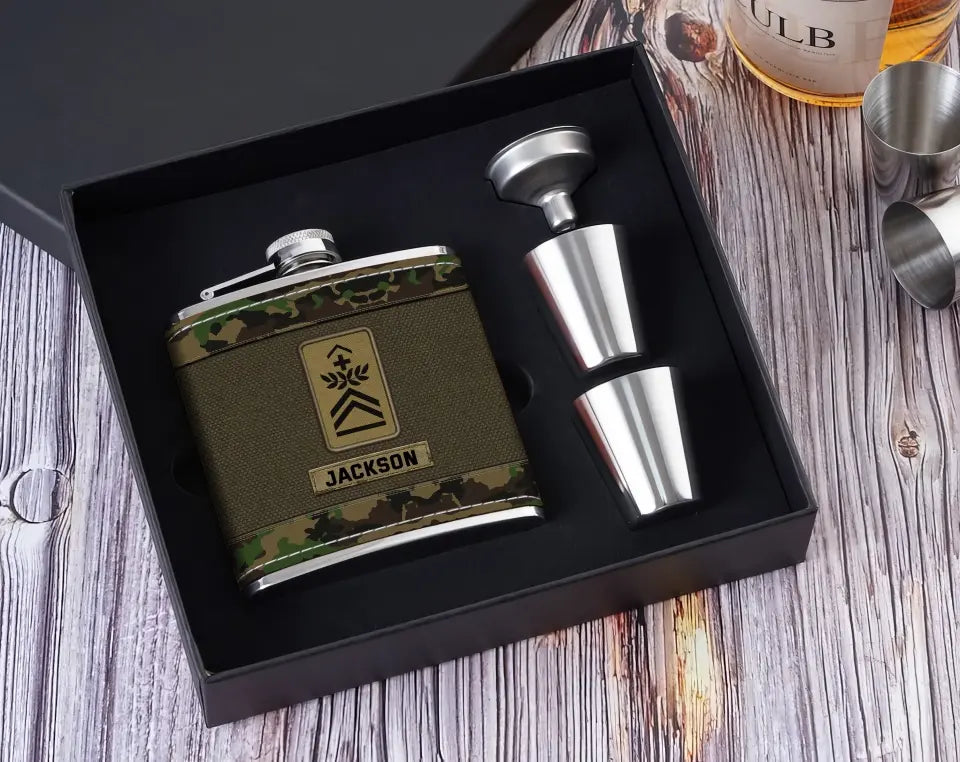 Personalized Swiss Veteran Rank Camo Custom Name Leather Flask Printed KH24816