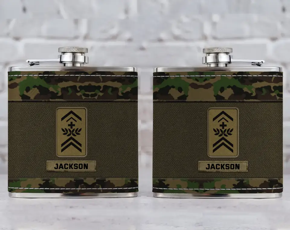 Personalized Swiss Veteran Rank Camo Custom Name Leather Flask Printed KH24816