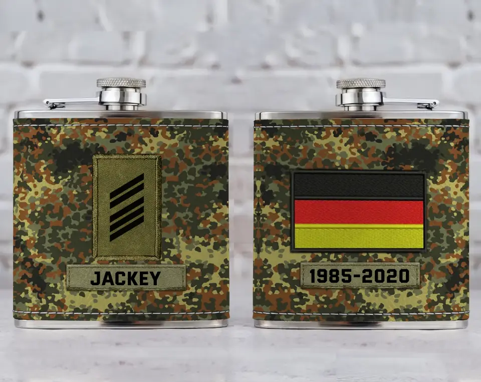 Personalized German Veteran Rank Camo Custom Name Leather Flask Printed KH24816