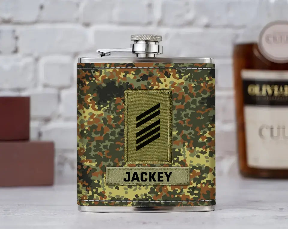 Personalized German Veteran Rank Camo Custom Name Leather Flask Printed KH24816