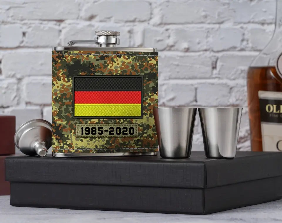 Personalized German Veteran Rank Camo Custom Name Leather Flask Printed KH24816