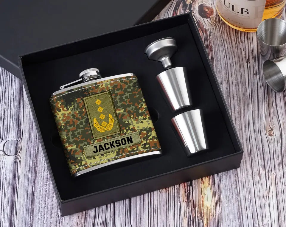 Personalized German Veteran Rank Camo Custom Name Leather Flask Printed KH24816