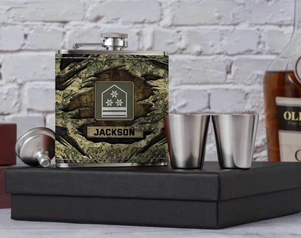 Personalized Austrian Veteran Rank Camo Custom Name Leather Flask Printed KH24816