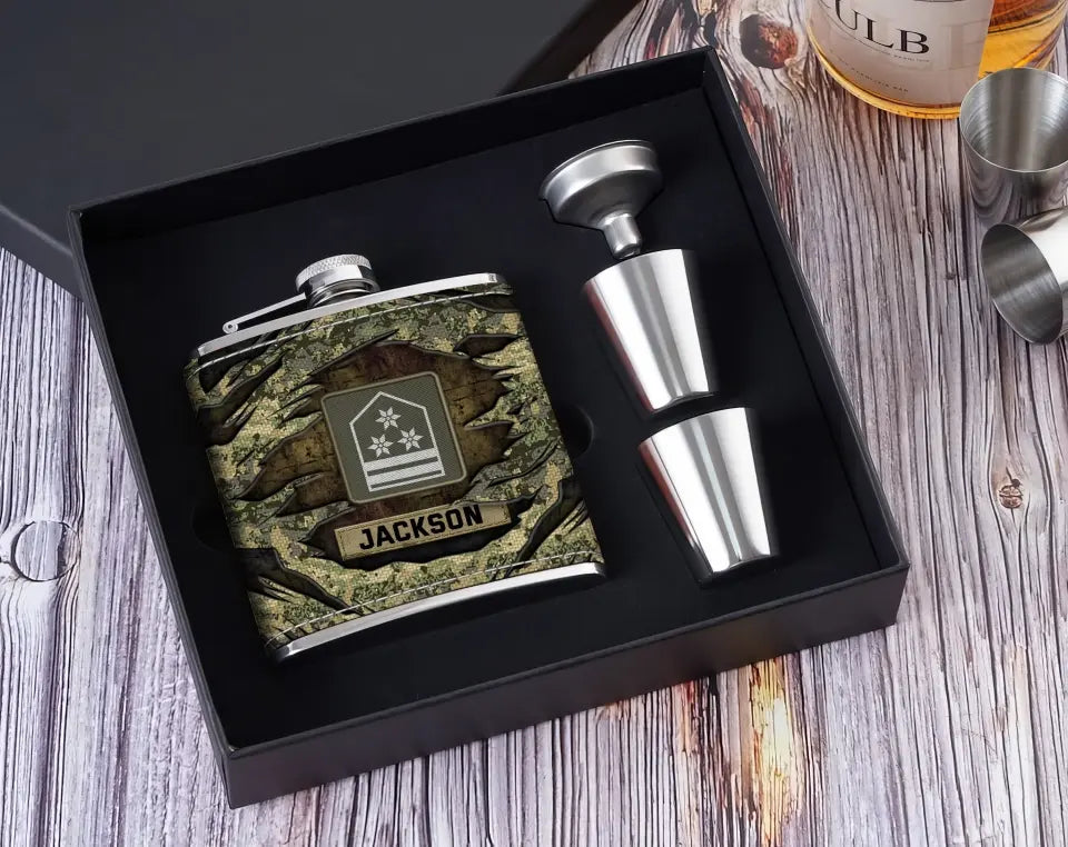 Personalized Austrian Veteran Rank Camo Custom Name Leather Flask Printed KH24816