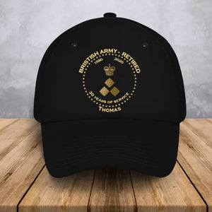 Personalized UK Veteran Retired Custom Rank & Name Served Time Black Cap Printed AHVA24833