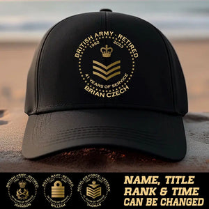 Personalized UK Veteran Retired Custom Rank & Name Served Time Black Cap Printed AHVA24833