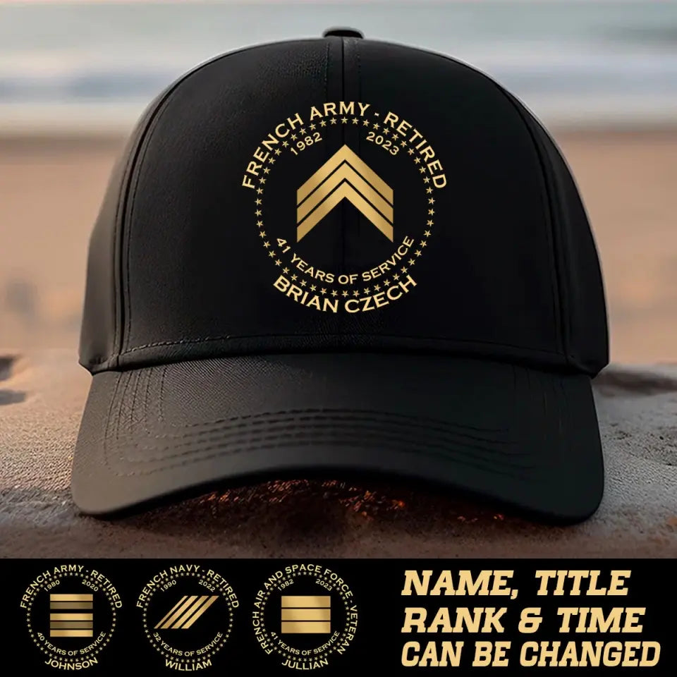 Personalized French Veteran Retired Custom Rank & Name Served Time Black Cap Printed AHVA24833