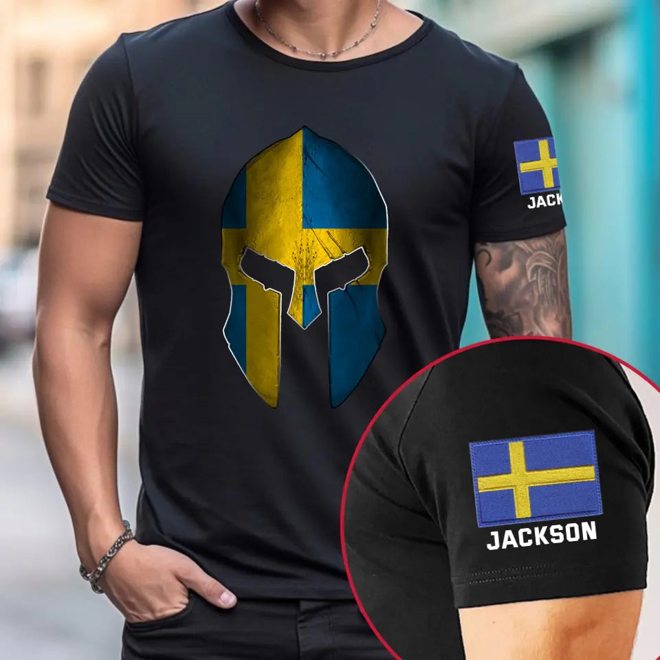 Personalized Swedish Veteran Spartan Helmet Custom Name T-shirt Printed VQ24827