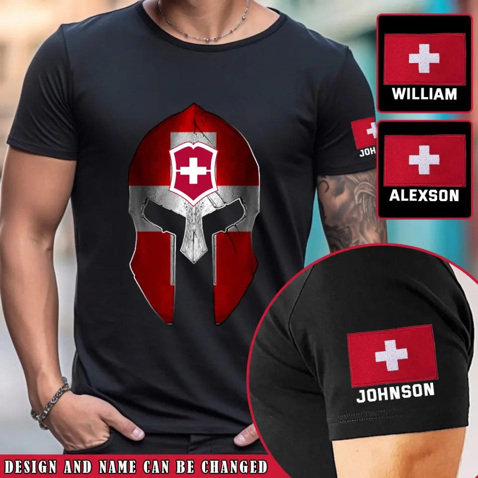 Personalized Swiss Veteran Spartan Helmet Custom Name T-shirt Printed VQ24827
