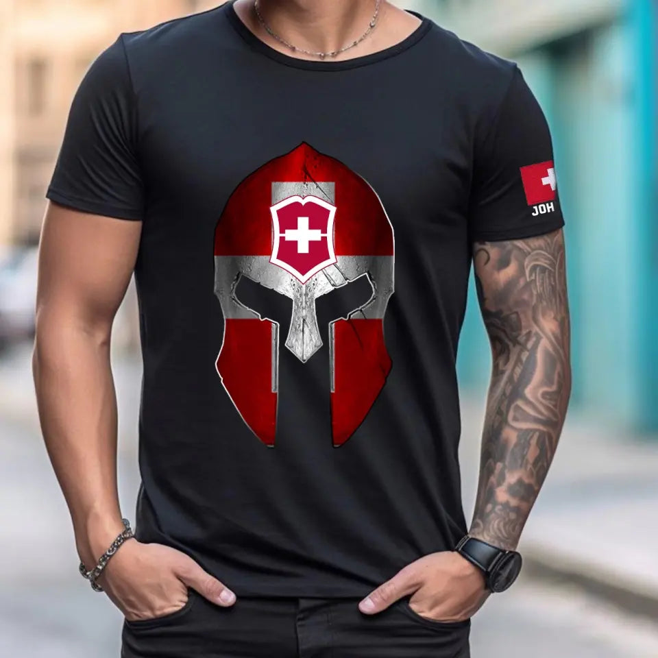 Personalized Swiss Veteran Spartan Helmet Custom Name T-shirt Printed VQ24827