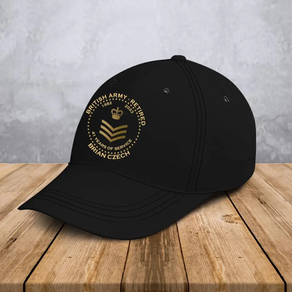 Personalized UK Veteran Retired Custom Rank & Name Served Time Black Cap Printed AHVA24833