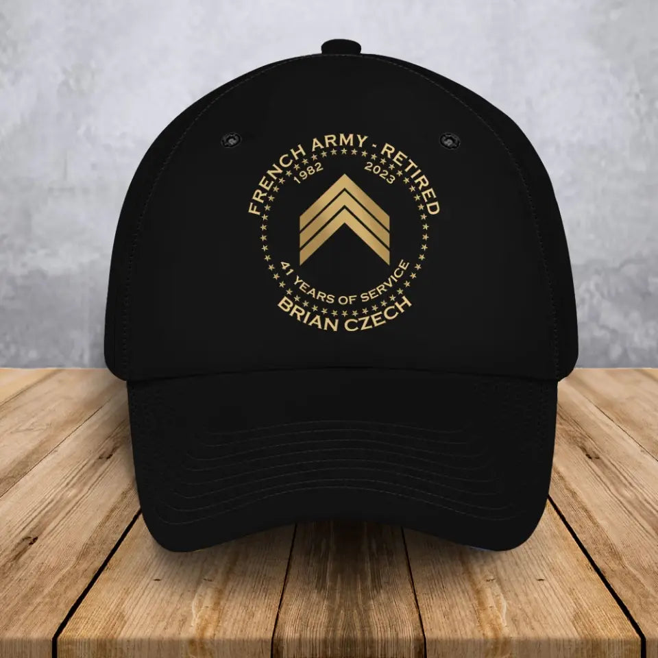Personalized French Veteran Retired Custom Rank & Name Served Time Black Cap Printed AHVA24833